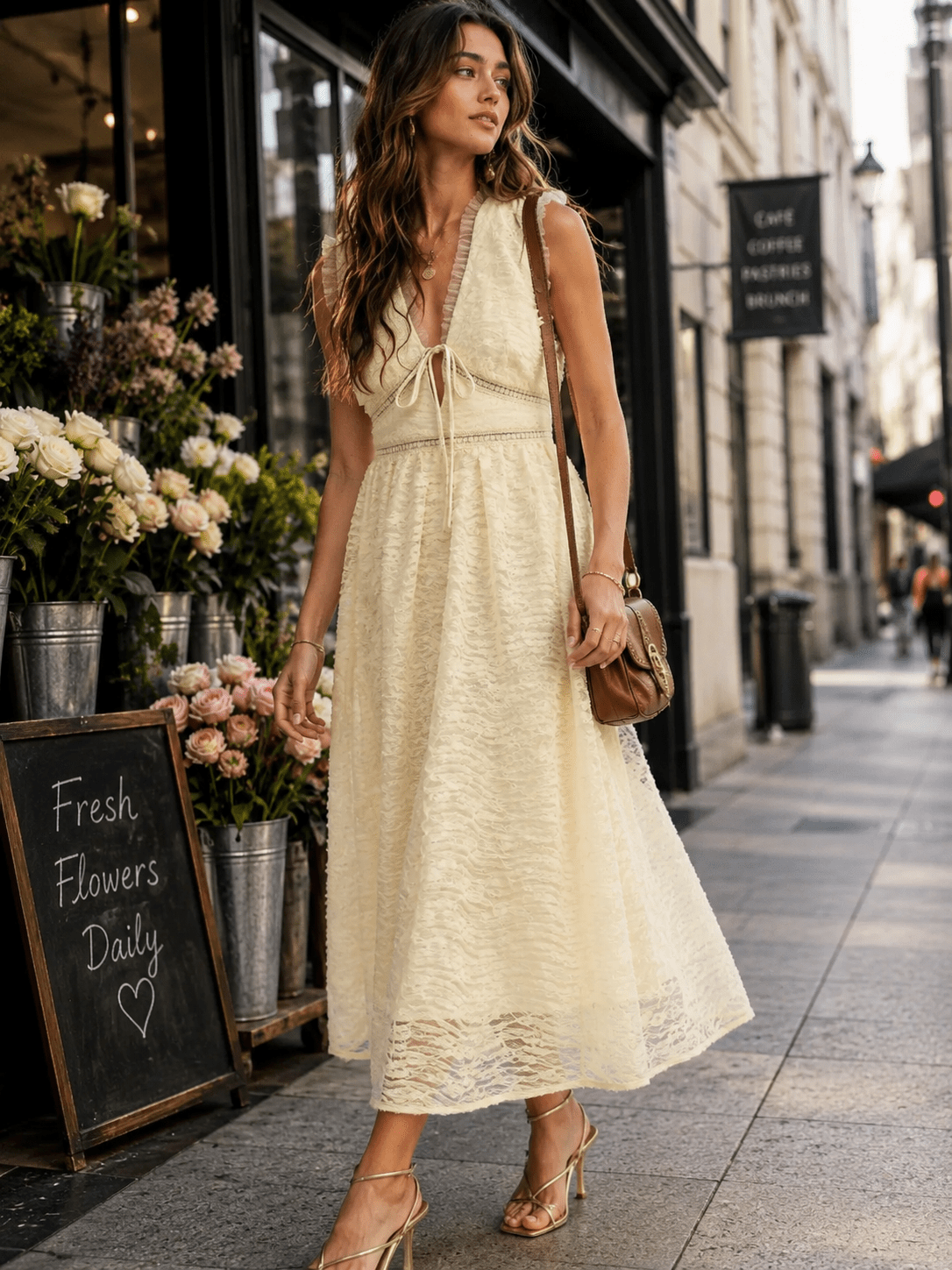JUST ME WOMEN'S SLEEVELESS V-NECK LACE DETAILED MAXI DRESS