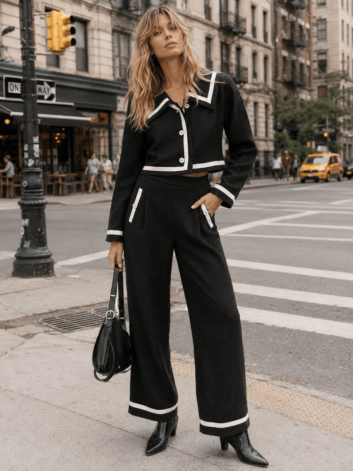 WOMEN'S LONG SLEEVE BLAZER & ZIPPER CLOSURE WIDE LEG PANTS TRIM DETAILED 2PC. SET