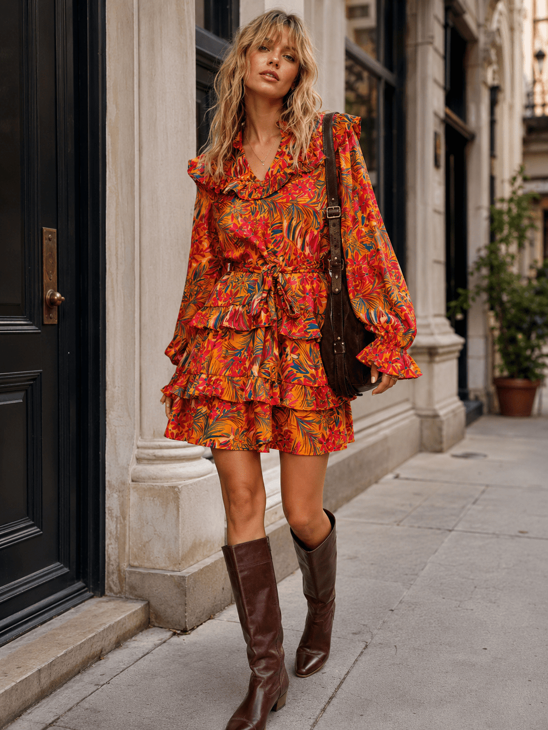 WOMEN'S LONG SLEEVE V-NECK RUFFLE TIERED SELF TIE FLORAL MINI DRESS