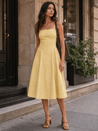 WOMEN'S SLEEVELESS SQUARE NECK FIT & FLARE DENIM STRETCH MIDI DRESS