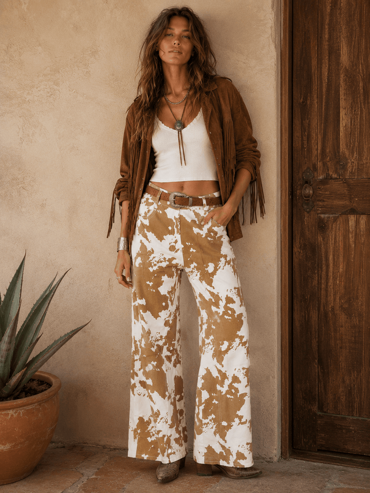 WOMEN'S BUTTON CLOSURE POCKETS ANIMAL PRINT STRAIGHT LEG DENIM PANTS
