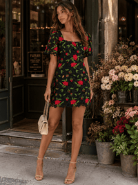 JUST ME WOMEN'S SHORT PUFF SLEEVE SQUARE NECK EMBROIDERY FLORAL MINI DRESS
