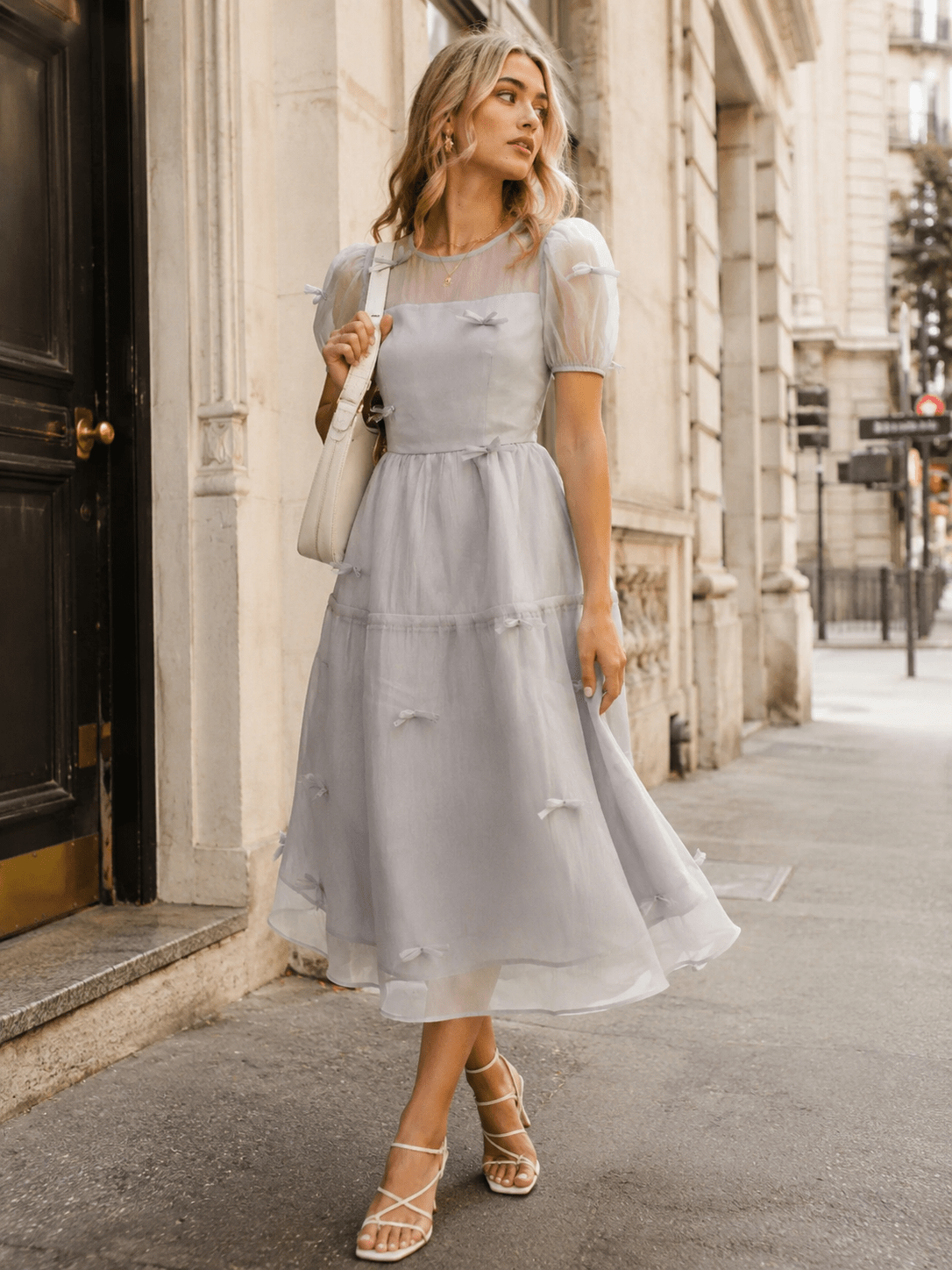 JUST ME WOMEN'S SHORT SLEEVE BOW DETAILED FIT & FLARE MAXI DRESS