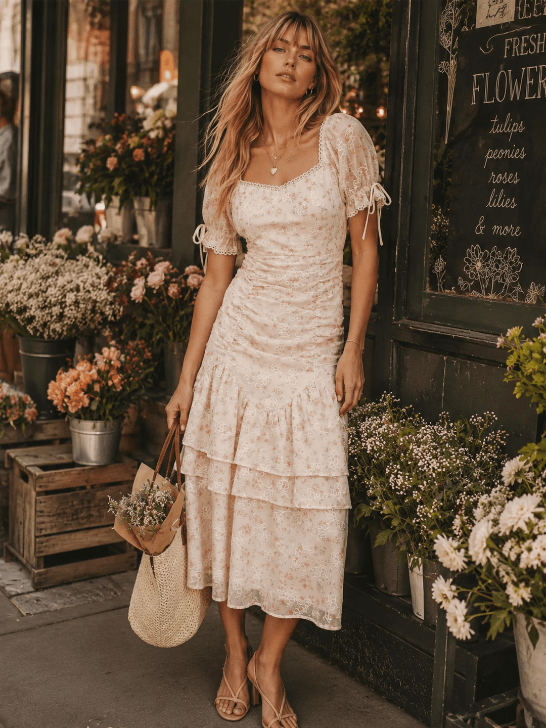 JUST ME WOMEN'S SHORT SLEEVE RUCHED FLORAL TIERED MAXI DRESS