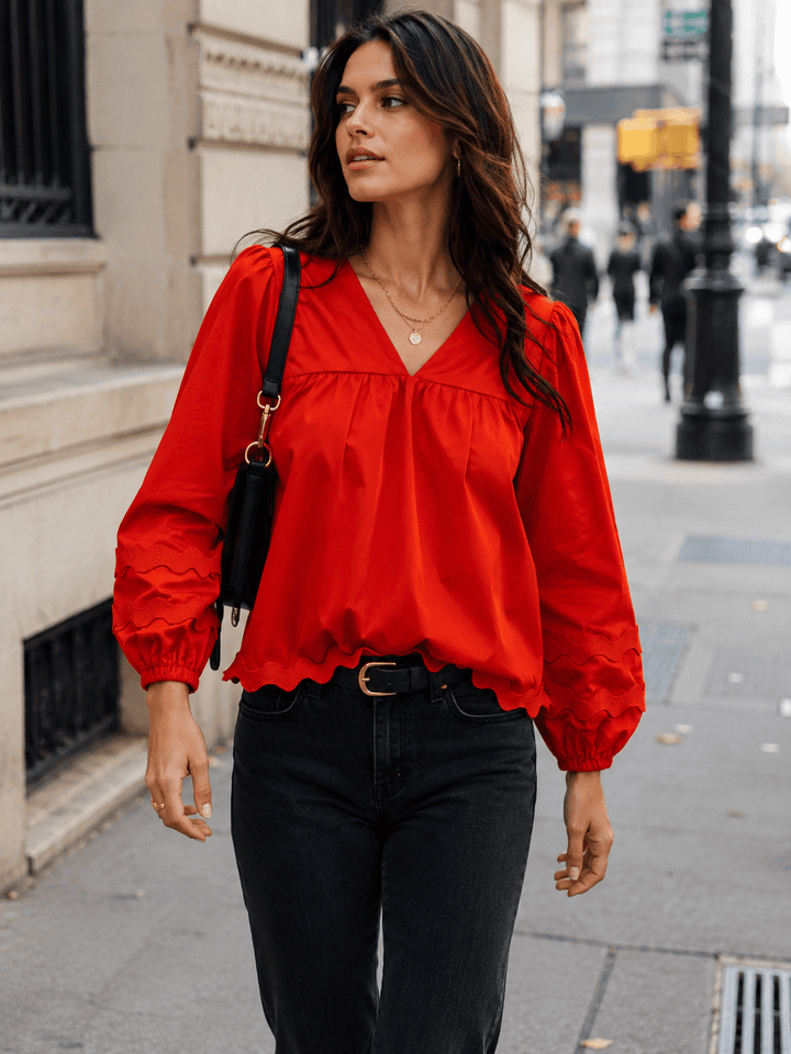 WOMEN'S LONG SLEEVE V-NECK TRIM DETAILED TUNIC BLOUSE