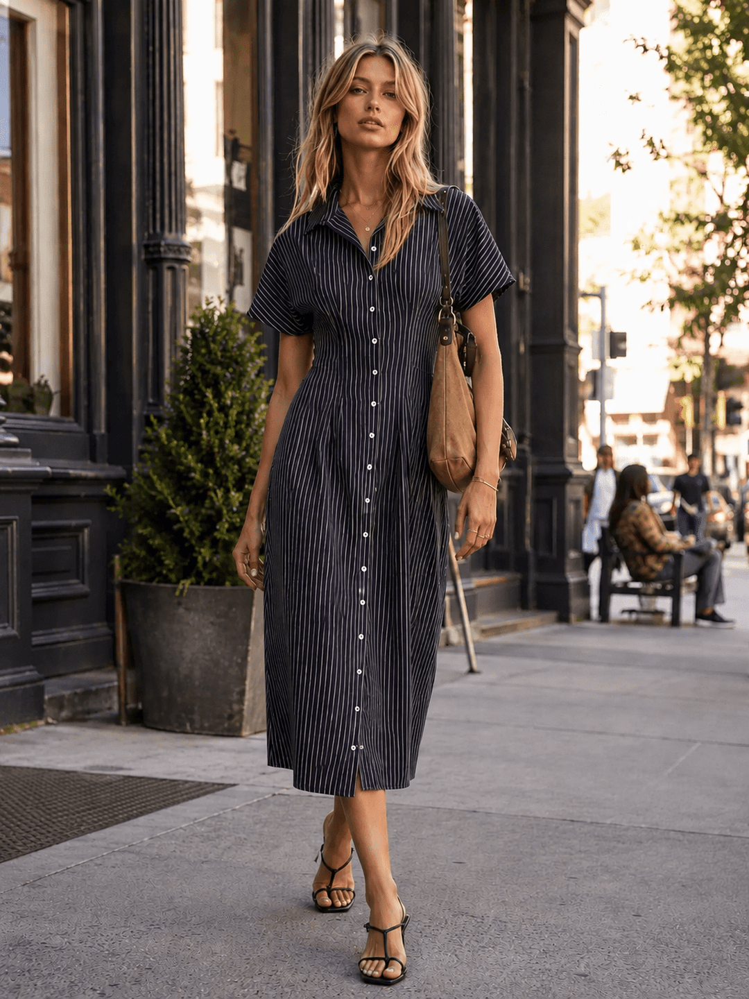 WOMEN'S SHORT SLEEVE BUTTON UP FIT & FLARE STRIPES MIDI DRESS