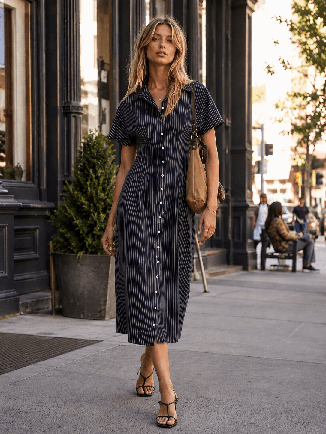 WOMEN'S SHORT SLEEVE BUTTON UP FIT & FLARE STRIPES MIDI DRESS