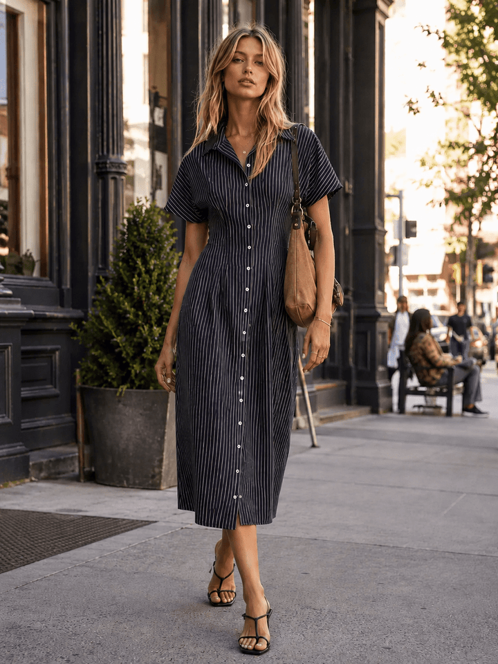 WOMEN'S SHORT SLEEVE BUTTON UP FIT & FLARE STRIPES MIDI DRESS