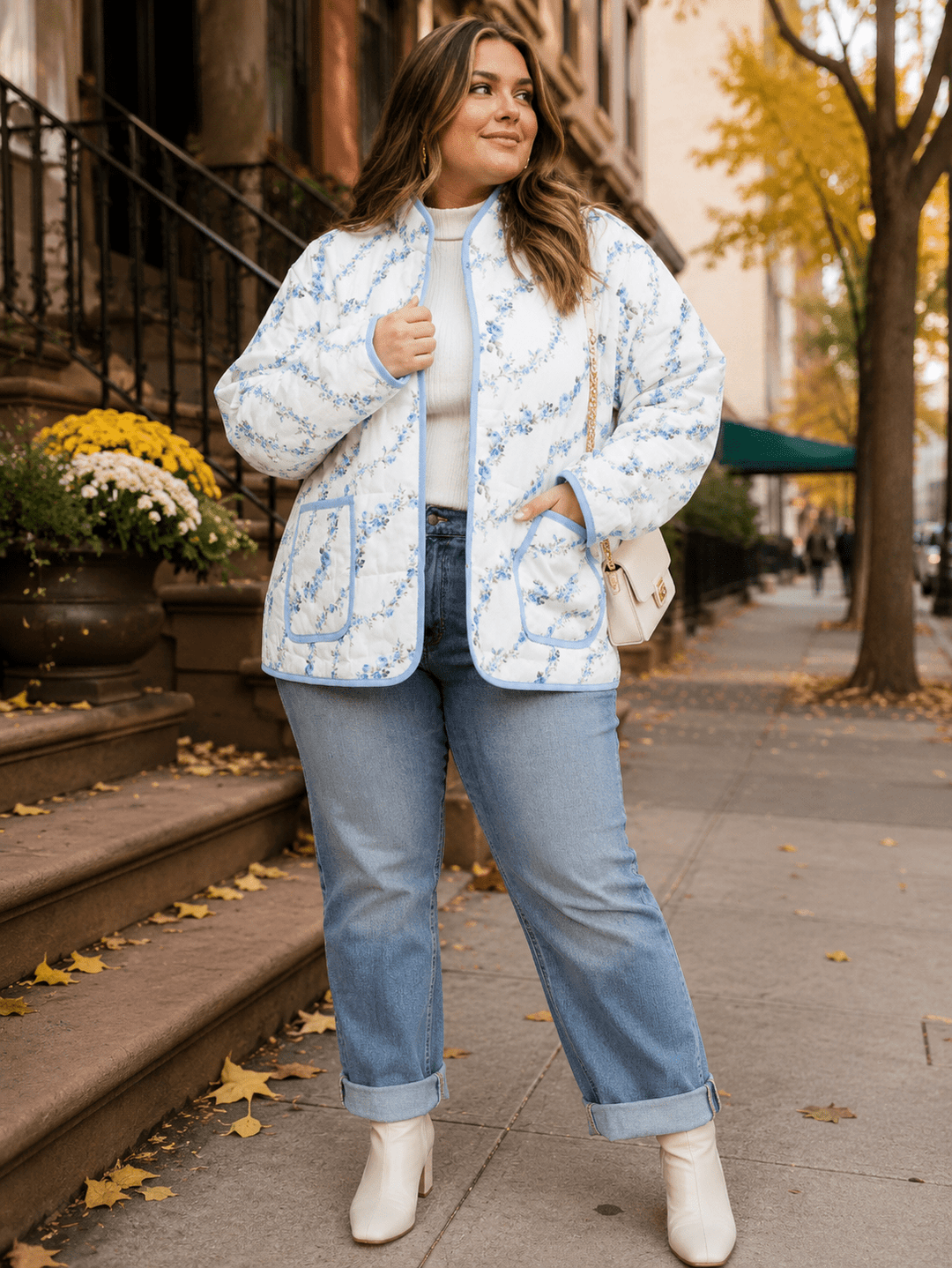 PLUS SIZE LONG SLEEVE BUTTON CLOSURE FRONT POCKETS FLORAL PRINT JACKET