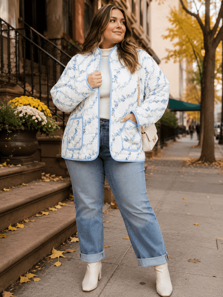 PLUS SIZE LONG SLEEVE BUTTON CLOSURE FRONT POCKETS FLORAL PRINT JACKET