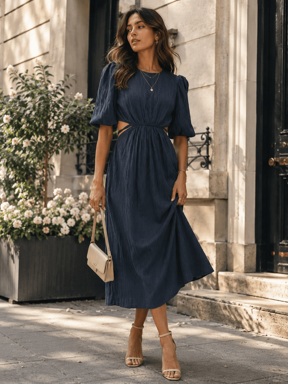 JUST ME WOMEN'S SHORT PUFF SLEEVE CUT OUT BACK MAXI DRESS