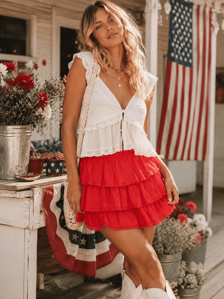 WOMEN'S ELASTIC WAIST TIERED RUFFLE MINI SKORT