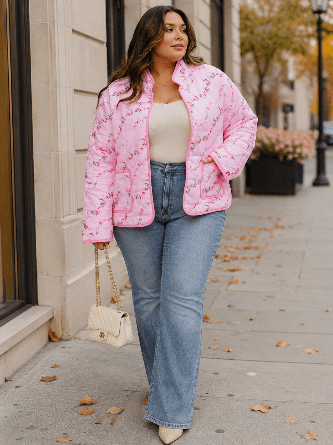 PLUS SIZE LONG SLEEVE BUTTON CLOSURE FRONT POCKETS FLORAL PRINT JACKET