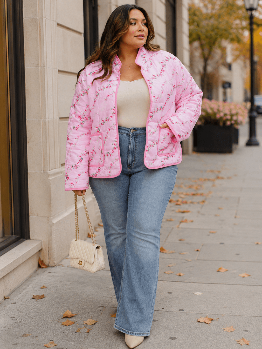 PLUS SIZE LONG SLEEVE BUTTON CLOSURE FRONT POCKETS FLORAL PRINT JACKET