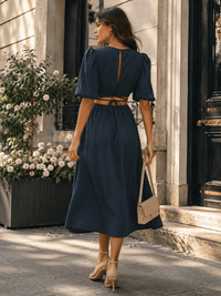 JUST ME WOMEN'S SHORT PUFF SLEEVE CUT OUT BACK MAXI DRESS