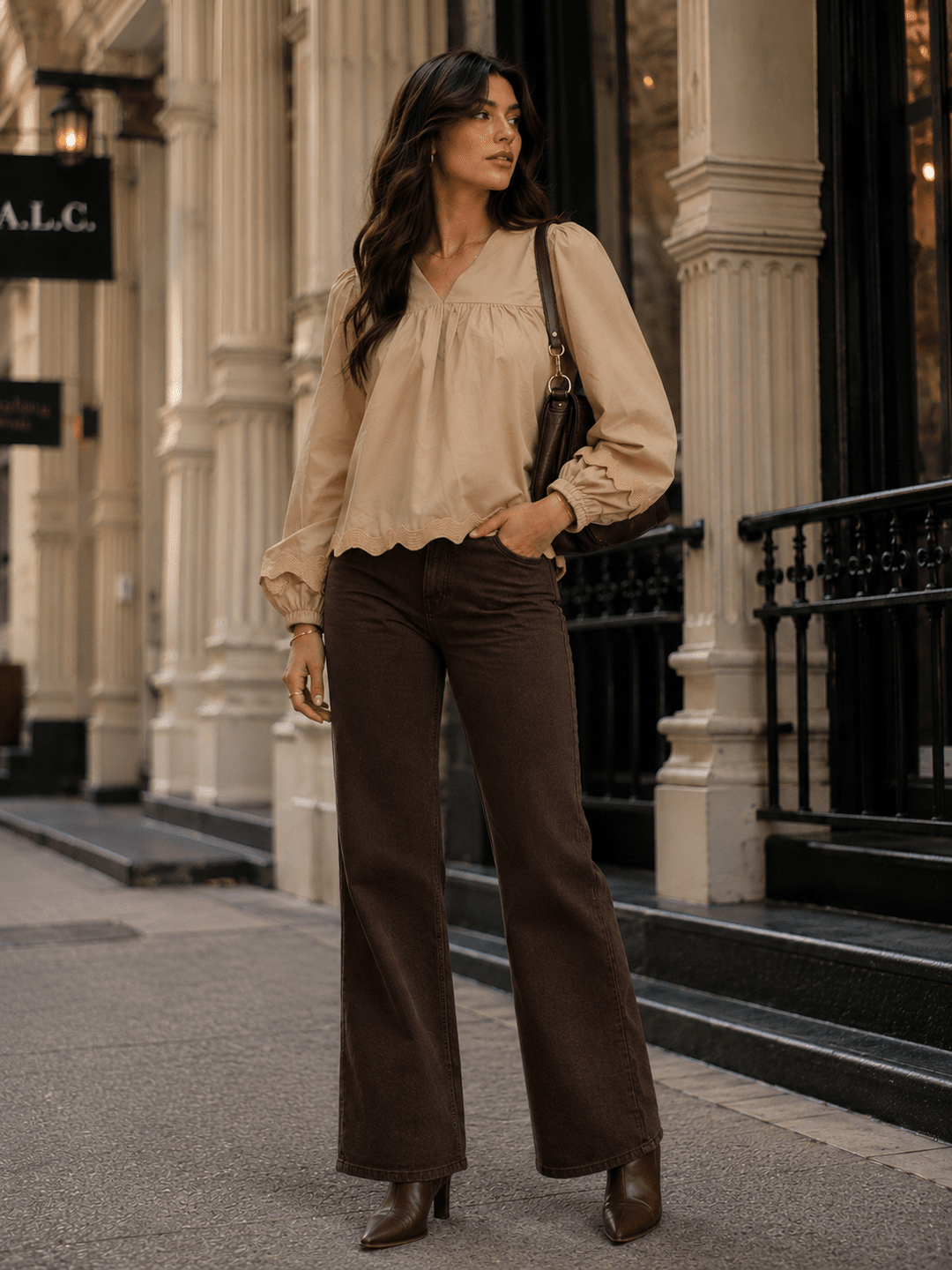 WOMEN'S LONG SLEEVE V-NECK TRIM DETAILED TUNIC BLOUSE