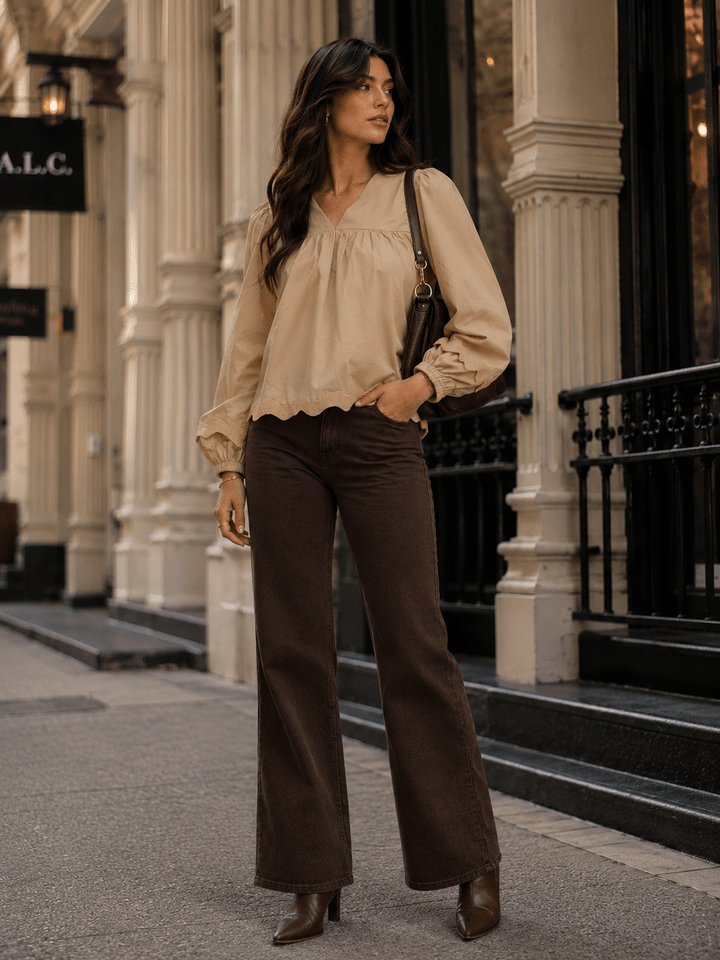 WOMEN'S LONG SLEEVE V-NECK TRIM DETAILED TUNIC BLOUSE
