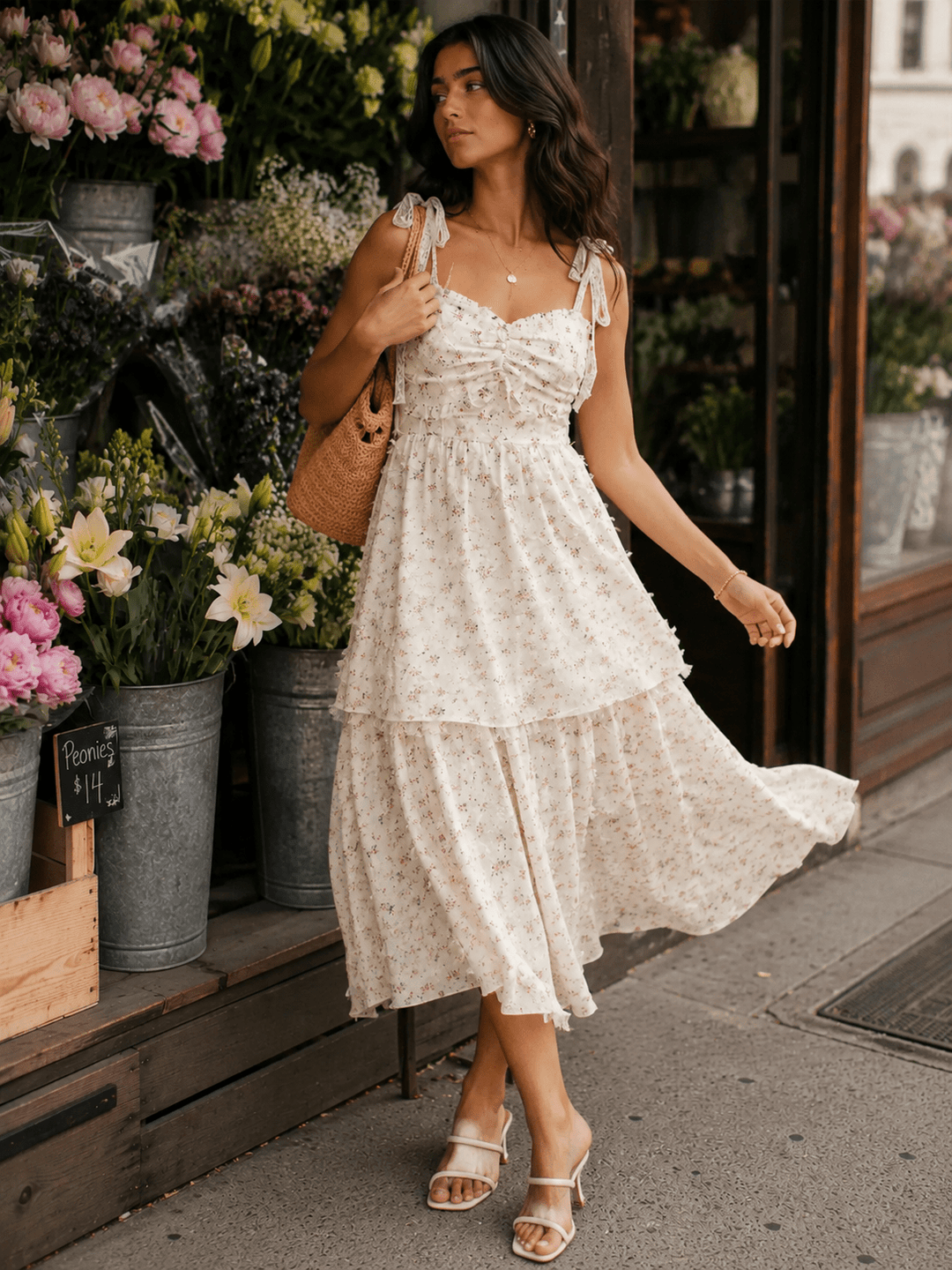 JUST ME WOMEN'S SLEEVELESS TIERED FLORAL MAXI DRESS