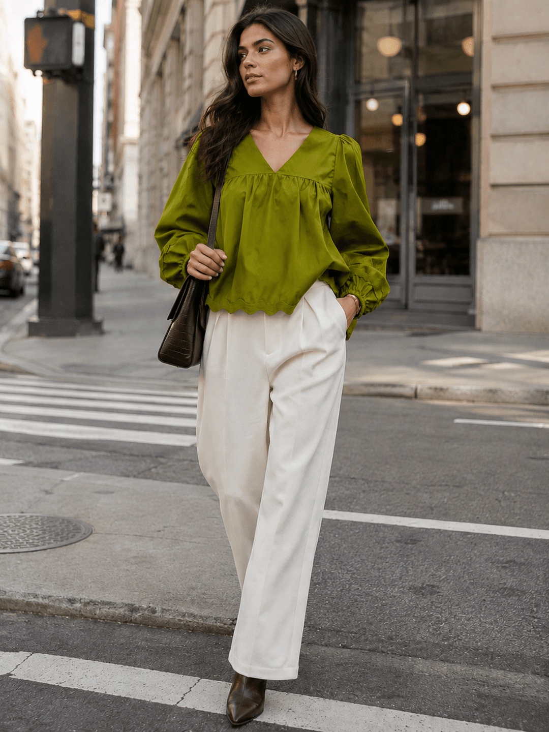 WOMEN'S LONG SLEEVE V-NECK TRIM DETAILED TUNIC BLOUSE