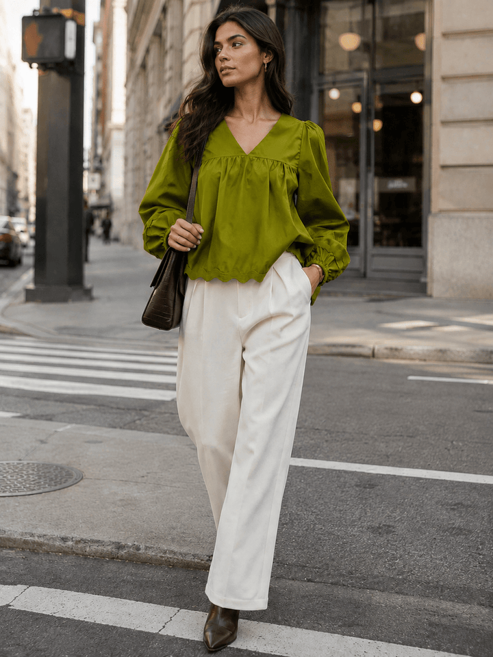 WOMEN'S LONG SLEEVE V-NECK TRIM DETAILED TUNIC BLOUSE