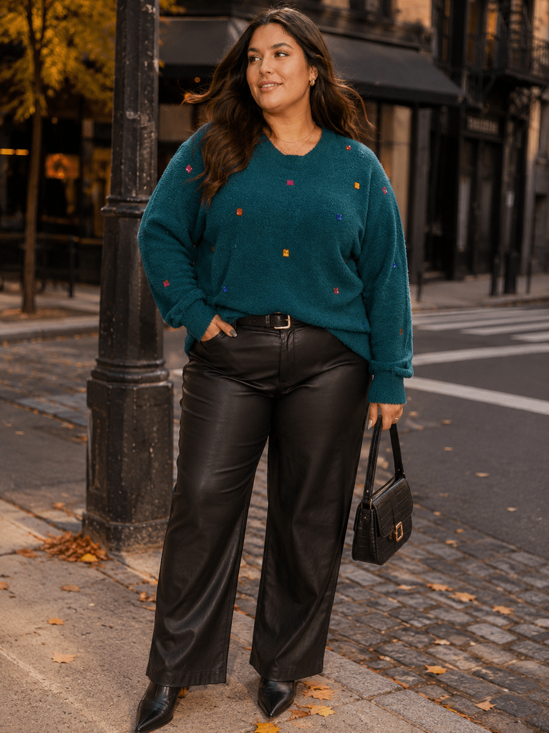 PLUS SIZE LONG SLEEVE STUDS PULLOVER SWEATER