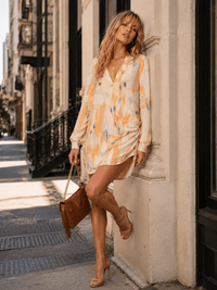 WOMEN'S LONG SLEEVE V-NECK SURPLICE PRINTED MINI DRESS