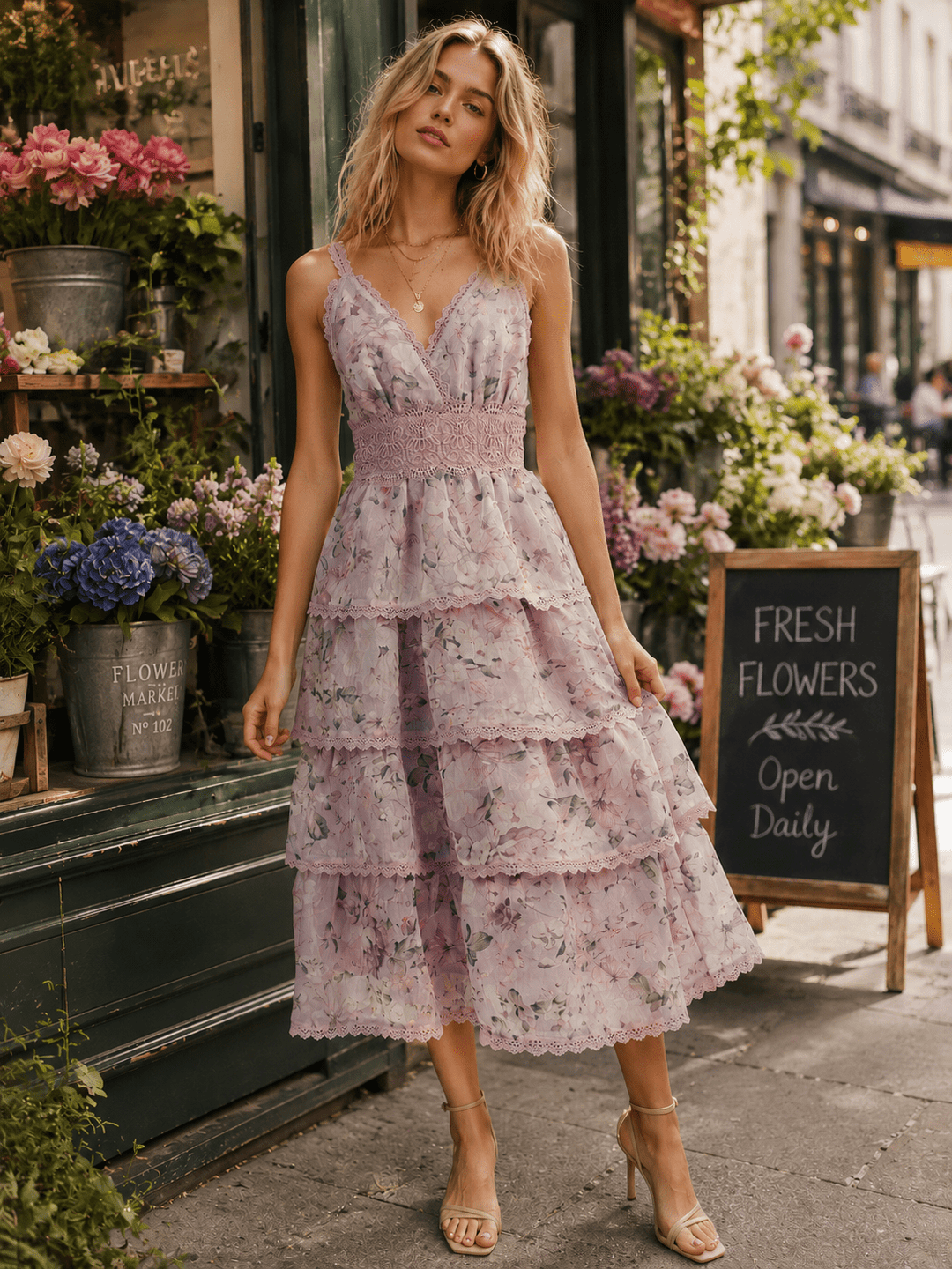 JUST ME WOMEN'S SLEEVELESS V-NECK SURPLICE FLORAL CROCHET TIERED MAXI DRESS