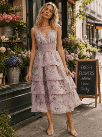 JUST ME WOMEN'S SLEEVELESS V-NECK SURPLICE FLORAL CROCHET TIERED MAXI DRESS