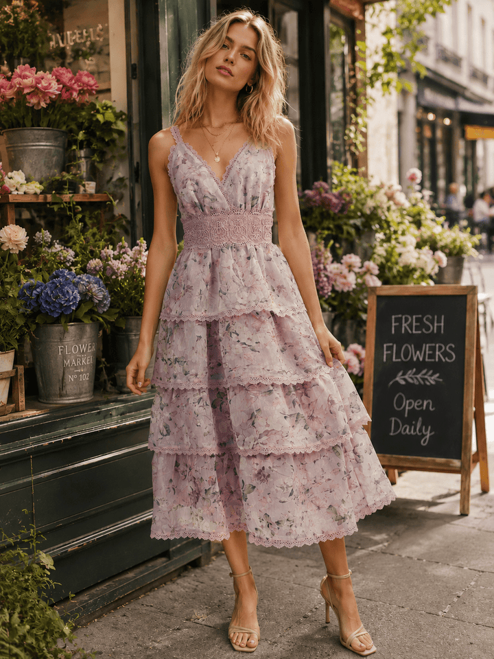 JUST ME WOMEN'S SLEEVELESS V-NECK SURPLICE FLORAL CROCHET TIERED MAXI DRESS