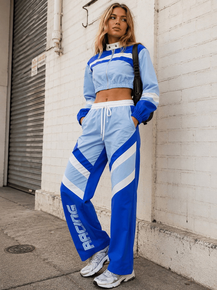 WOMEN'S LONG SLEEVE CROP JACKET & ELASTIC WAIST WIDE LEG PANTS GRAPHIC COLORBLOCK 2PC. SET