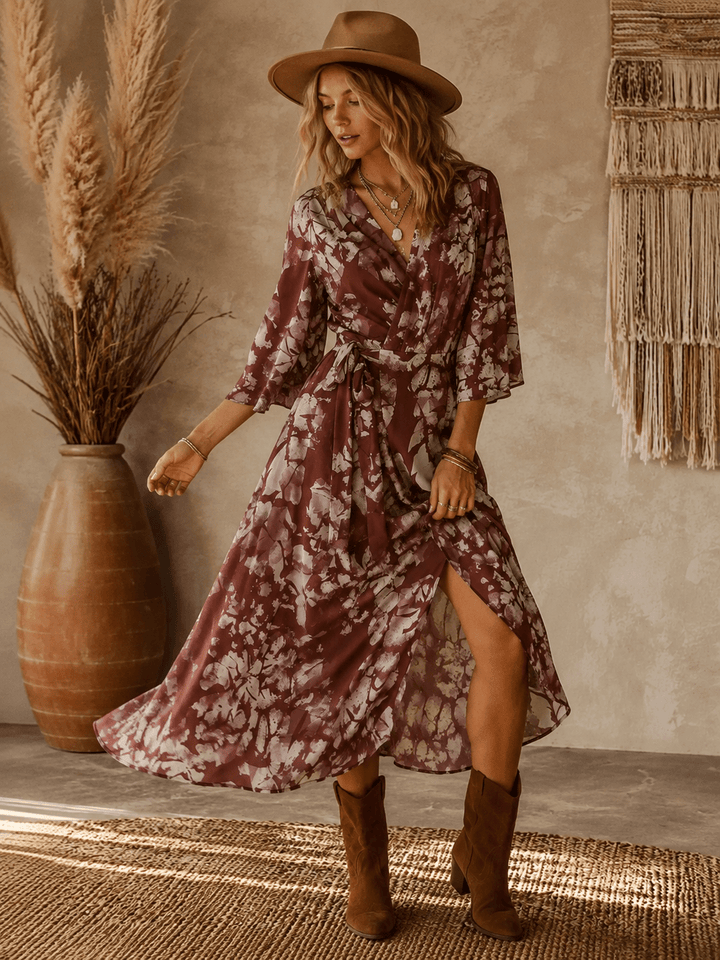 WOMEN'S 3/4 SLEEVE V-NECK FLORAL WRAP MAXI DRESS