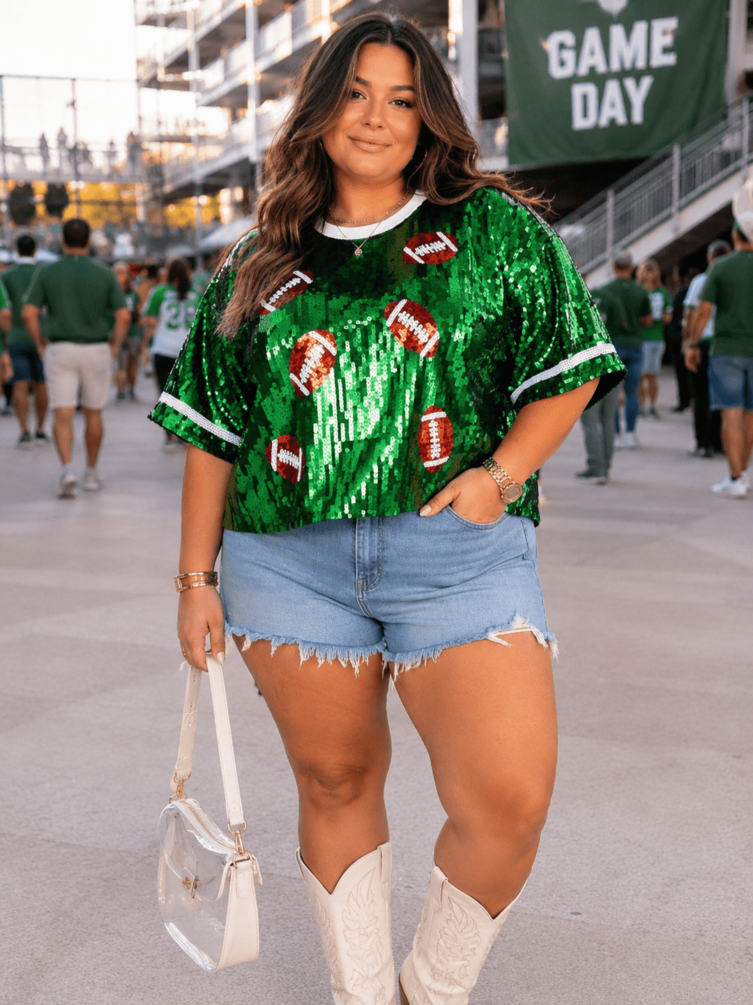 PLUS SIZE SHORT SLEEVE FOOTBALL SEQUINS TOP