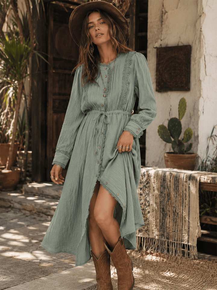 JUST ME WOMEN'S LONG SLEEVE BUTTON UP SELF TIE POCKETS CROCHET TRIM MAXI DRESS