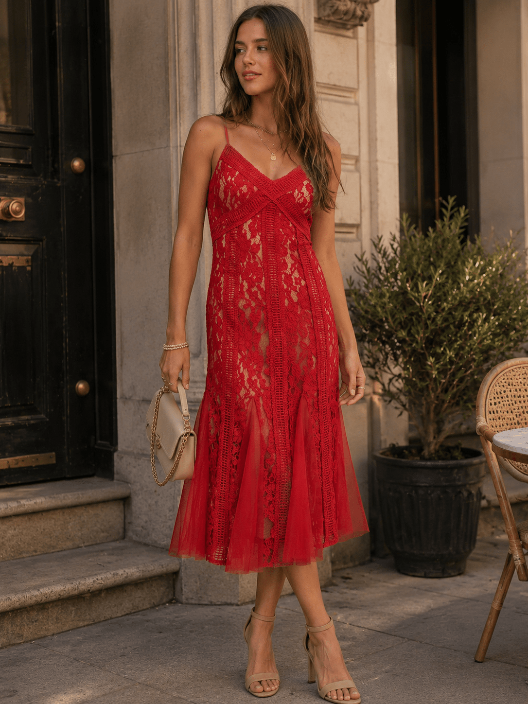 JUST ME WOMEN'S SLEEVELESS V-NECK CROCHET BODYCON MAXI DRESS
