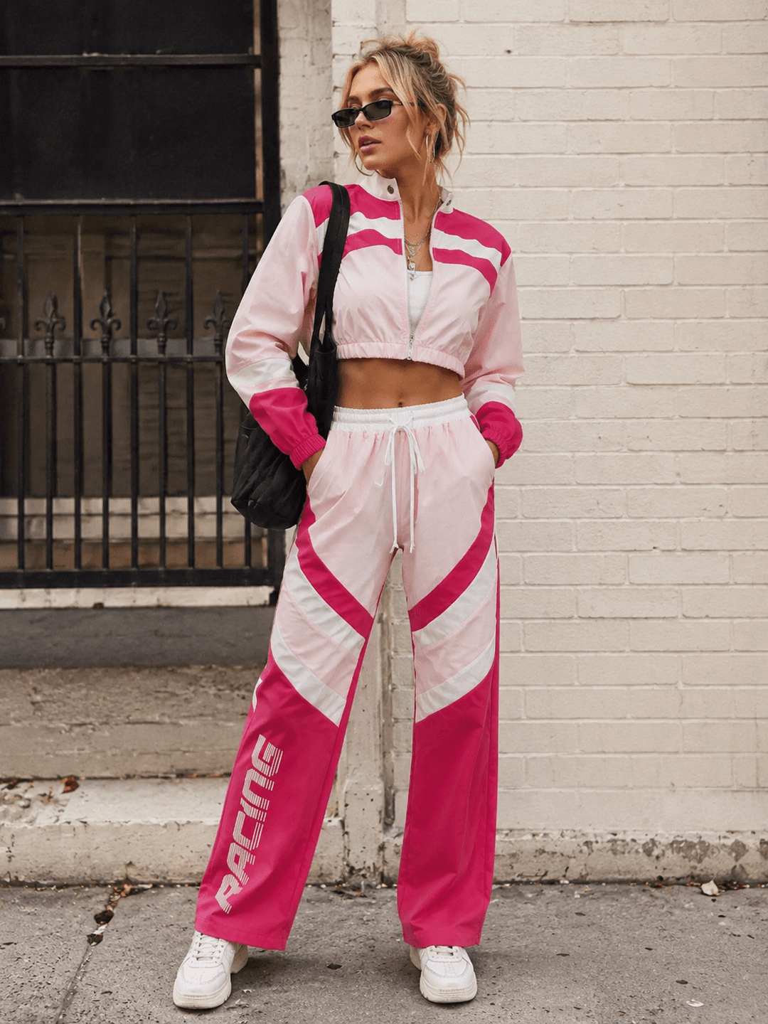 WOMEN'S LONG SLEEVE CROP JACKET & ELASTIC WAIST WIDE LEG PANTS GRAPHIC COLORBLOCK 2PC. SET