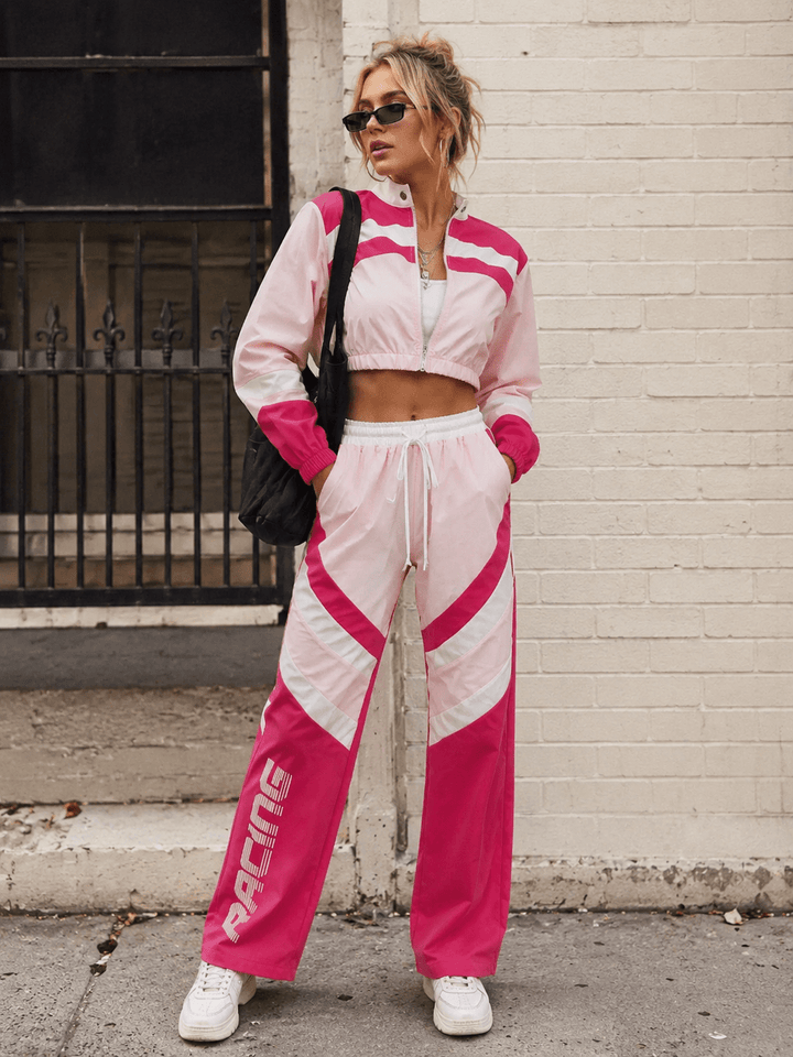 WOMEN'S LONG SLEEVE CROP JACKET & ELASTIC WAIST WIDE LEG PANTS GRAPHIC COLORBLOCK 2PC. SET