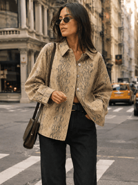 WOMEN'S LONG SLEEVE BUTTON UP FRONT POCKET SNAKE PRINT DENIM JACKET