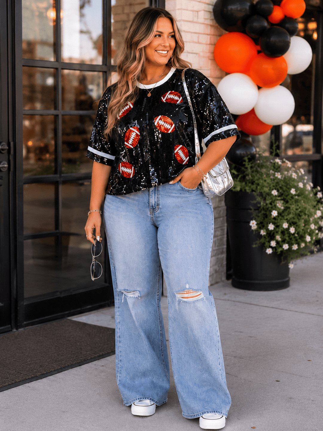 PLUS SIZE SHORT SLEEVE FOOTBALL SEQUINS TOP