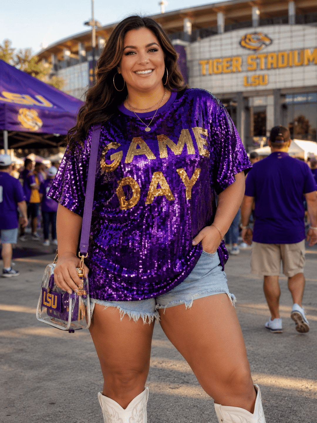 PLUS SIZE SHORT SLEEVE GAME DAY SEQUINS TOP