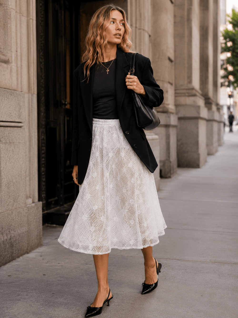 WOMEN'S ELASTIC WAIST FRONT CROCHET LACE FIT & FLARE MIDI SKIRT