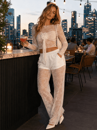 WOMEN'S LONG SLEEVE CROP TOP & ELASTIC WAIST WIDE LEG PANTS MESH LACE 2PC. SET