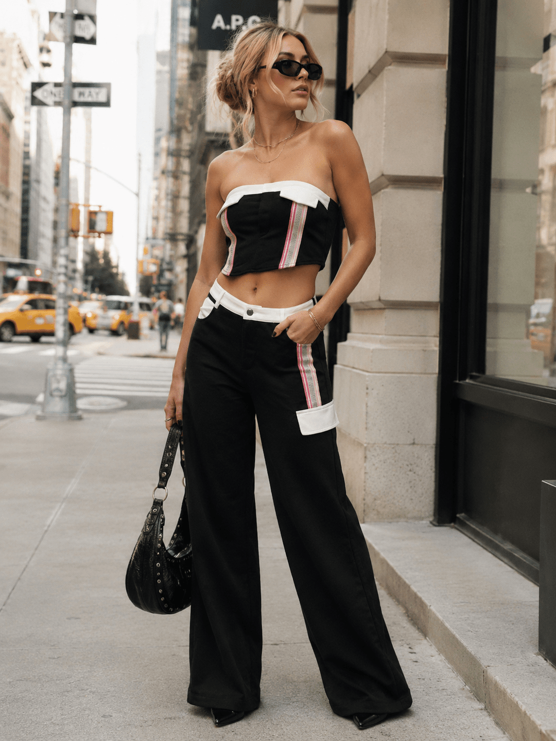 WOMEN'S SLEEVELESS CROP TOP & BUTTON CLOSURE WIDE LEG PANTS COLORBLOCK 2PC. SET