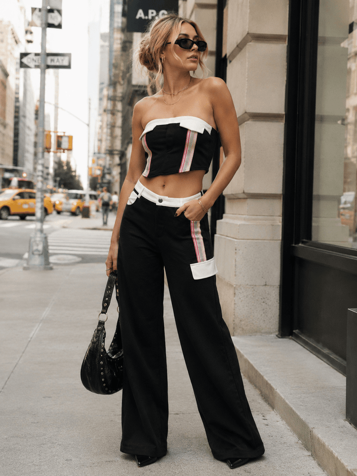 WOMEN'S SLEEVELESS CROP TOP & BUTTON CLOSURE WIDE LEG PANTS COLORBLOCK 2PC. SET