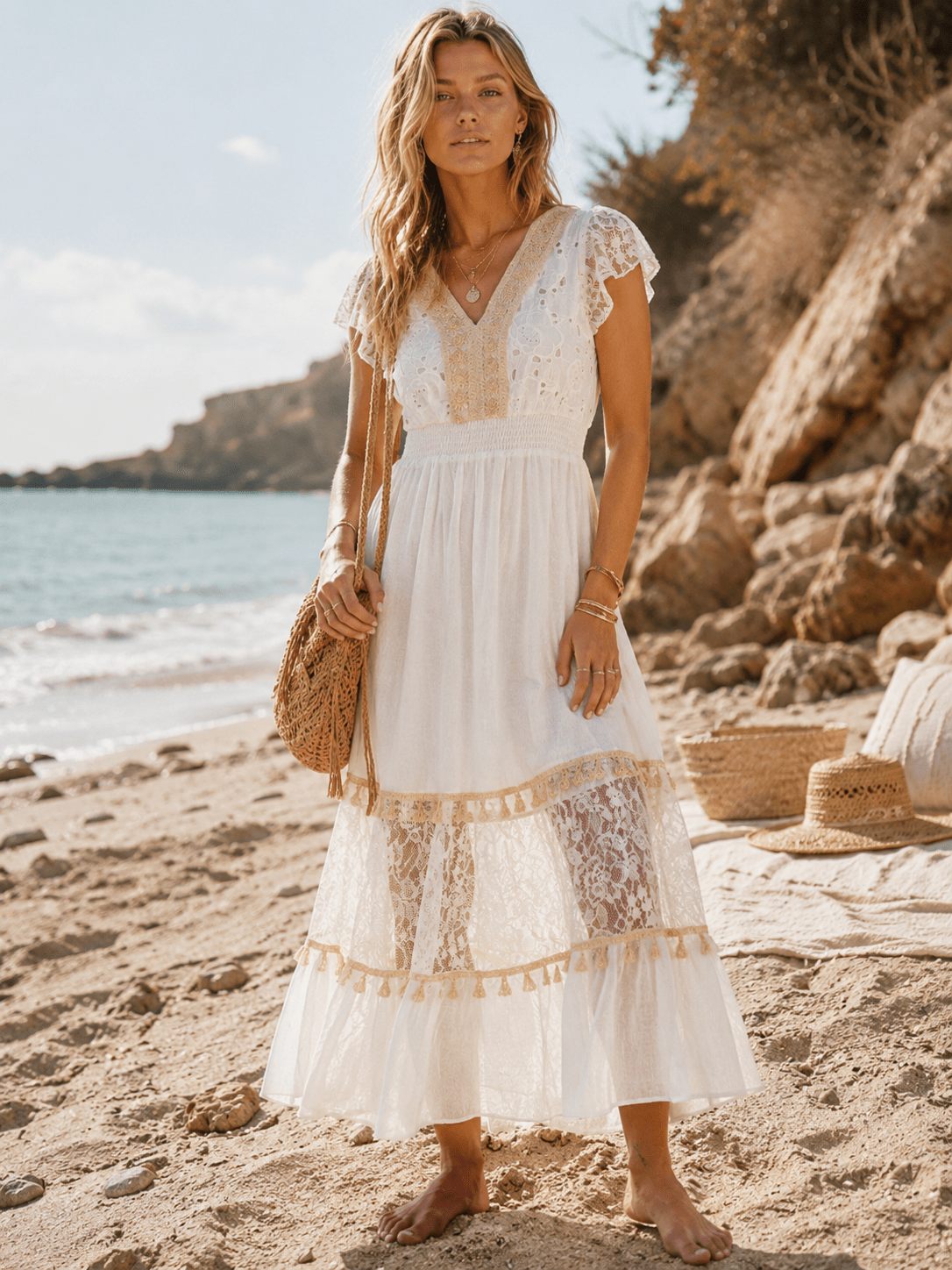 WOMEN'S SHORT SLEEVE V-NECK OPEN BACK TIERED CROCHET LACE MAXI DRESS