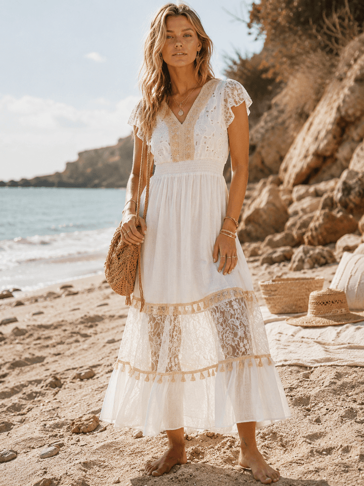 WOMEN'S SHORT SLEEVE V-NECK OPEN BACK TIERED CROCHET LACE MAXI DRESS