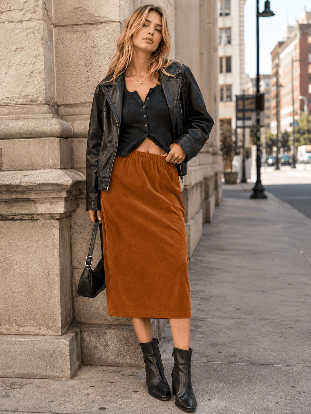 WOMEN'S ELASTIC WAIST CORDUROY MIDI SKIRT