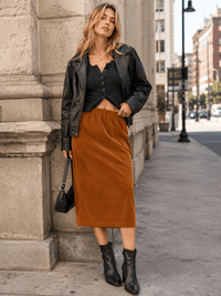 WOMEN'S ELASTIC WAIST CORDUROY MIDI SKIRT