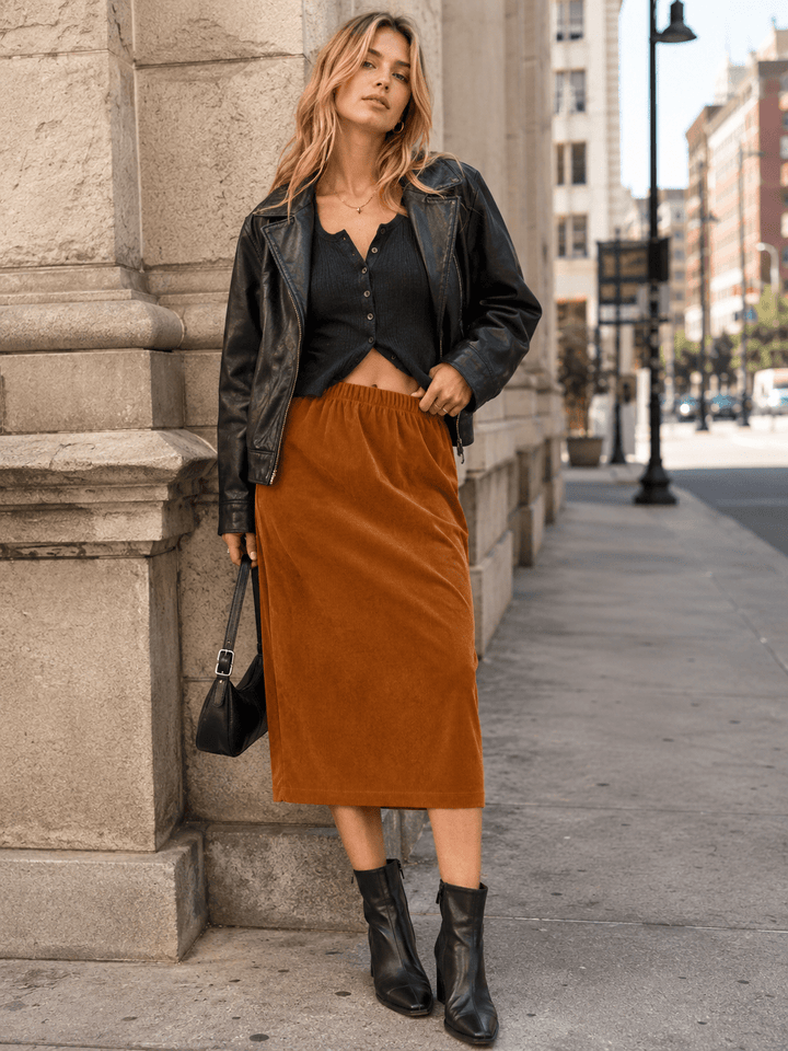 WOMEN'S ELASTIC WAIST CORDUROY MIDI SKIRT