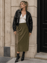 WOMEN'S ELASTIC WAIST CORDUROY MIDI SKIRT