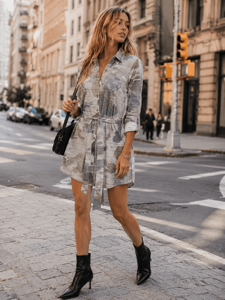 WOMEN'S LONG SLEEVE BUTTON UP FRONT POCKETS SELF TIE CAMO PRINT MINI DRESS